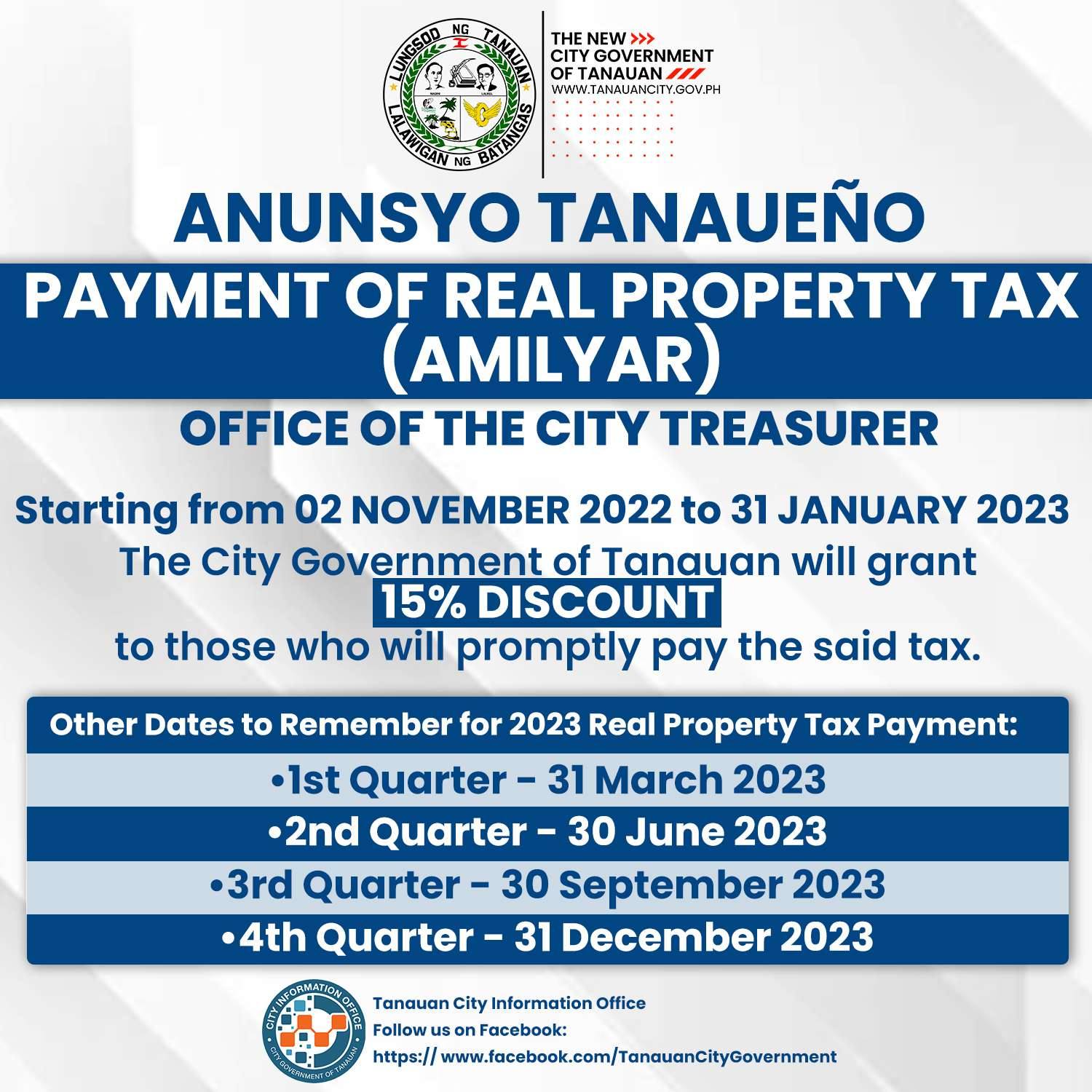 ANUNSYO TANAUEÑO: DATES FOR QUARTERLY REAL PROPERTY TAX (AMILYAR) PAYMENT