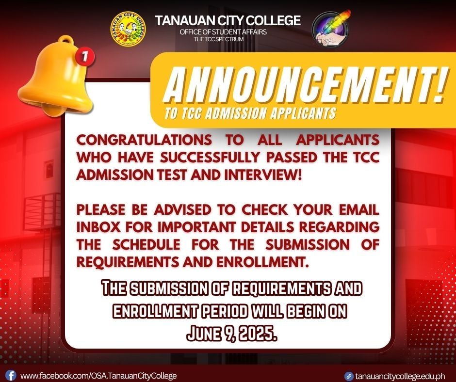 ANNOUNCEMENT |  Tanauan City College Applicants’ Admission